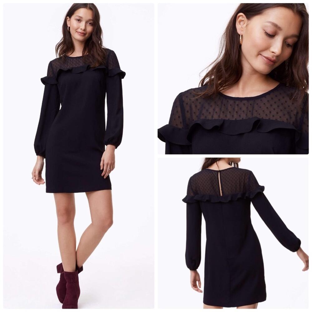 🆕 LOFT Black Sheer Dot Yoke Shift Ruffle Back Button Round‎ Neck Dress Size 14